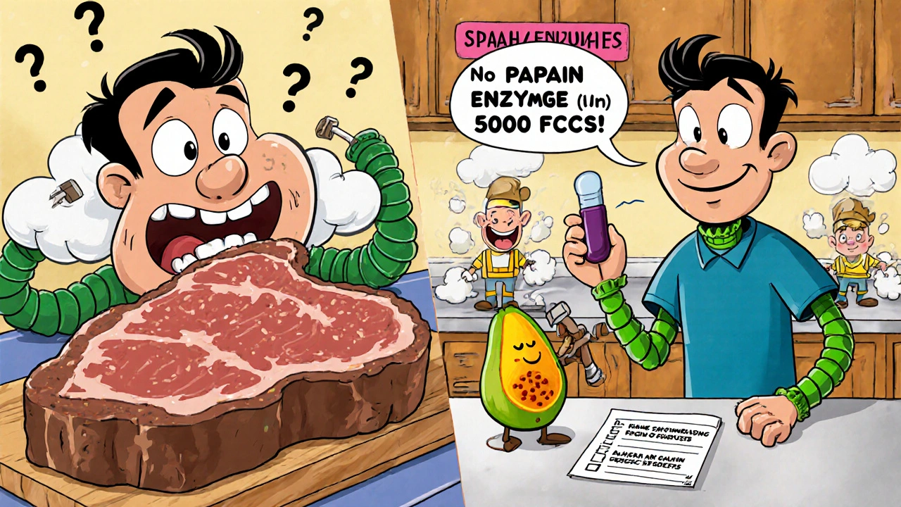 A man taking a papaya supplement as cartoon enzymes smash protein chunks, with a winking papaya on the counter.