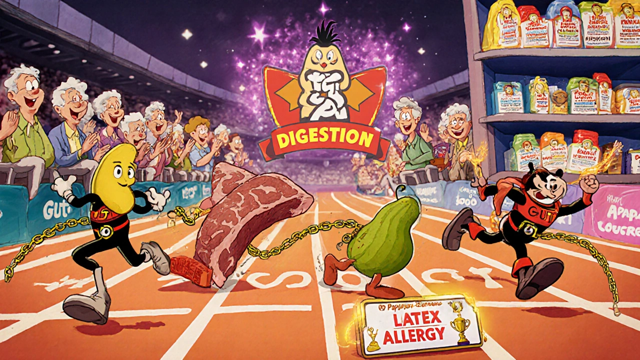 A race where papain superheroes chase meat and beans to the gut finish line, with cheering elderly spectators.