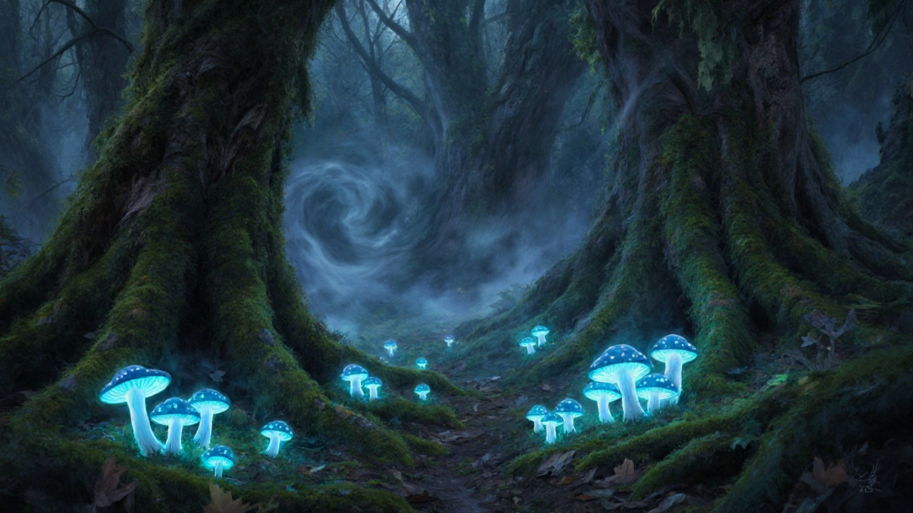 5. Mycena chlorophos is a bioluminescent mushroom that glows green in the dark, illuminating forest floors in tropical regions.
