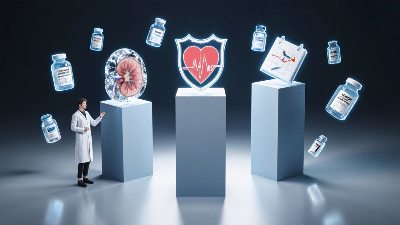 3D scene with three pillars for kidney safety, side‑effects, and convenience surrounded by drug silhouettes.