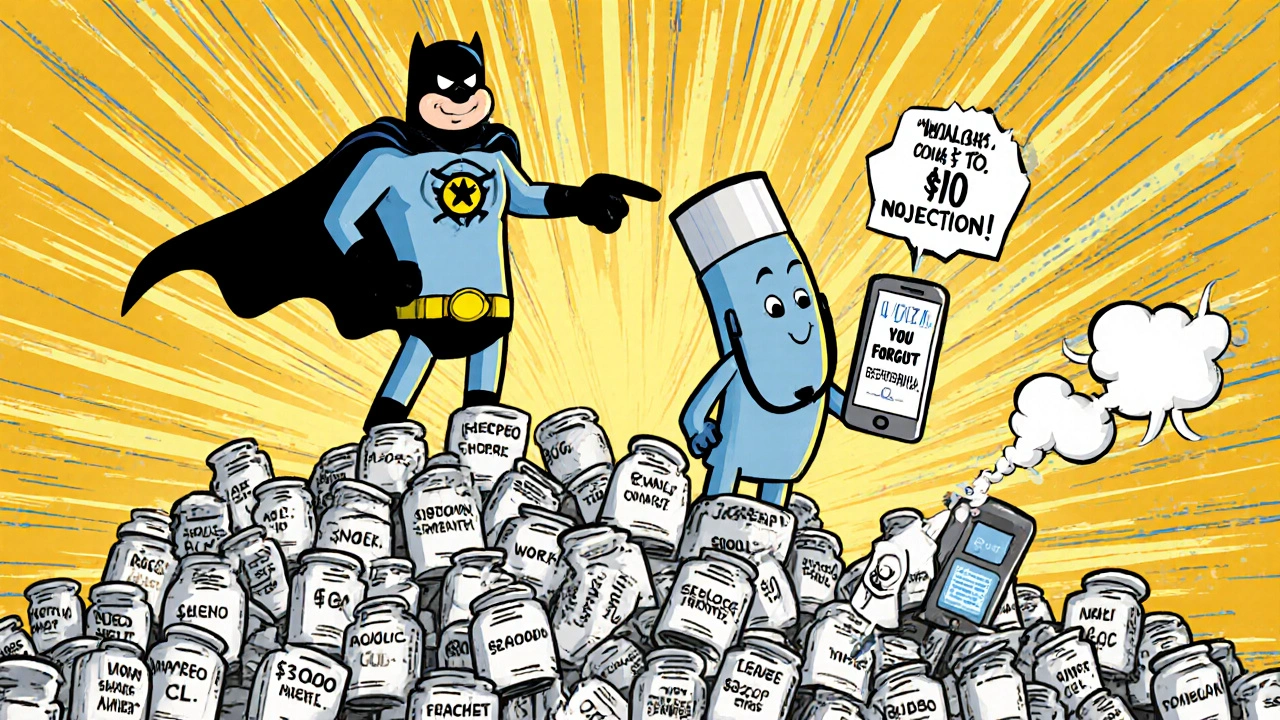 A superhero inhaler standing tall over expensive biologics, holding a '' sign, with a smart inhaler glowing nearby.