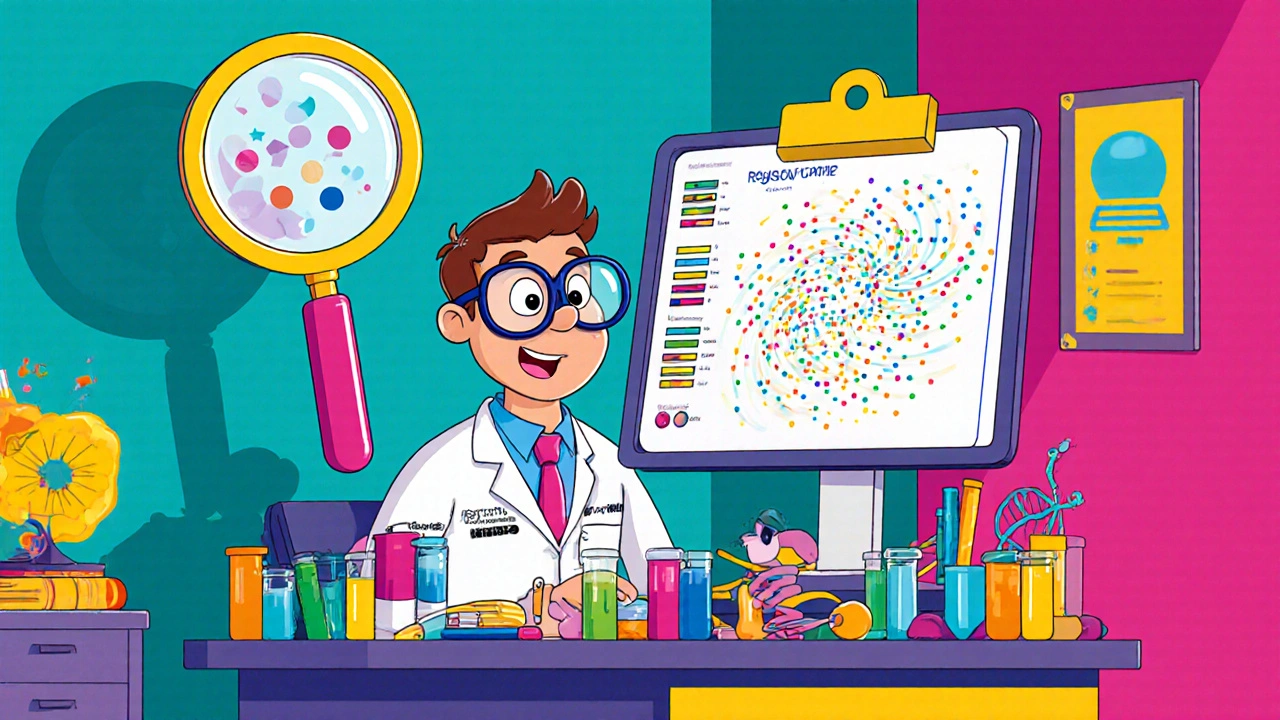 Animated clinician reviewing lab results and a RegiSCAR scoring chart with DNA strands representing HLA testing.