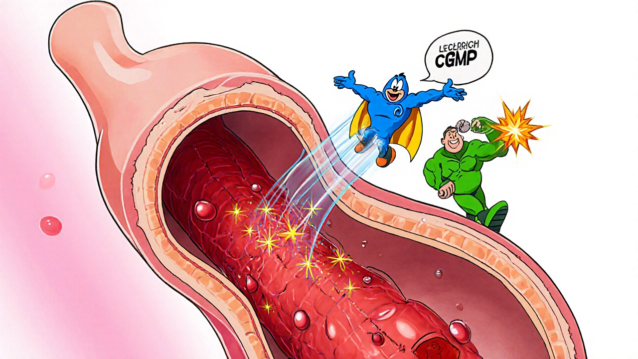 Animated cross‑section shows nitric oxide and cGMP relaxing penile vessels.