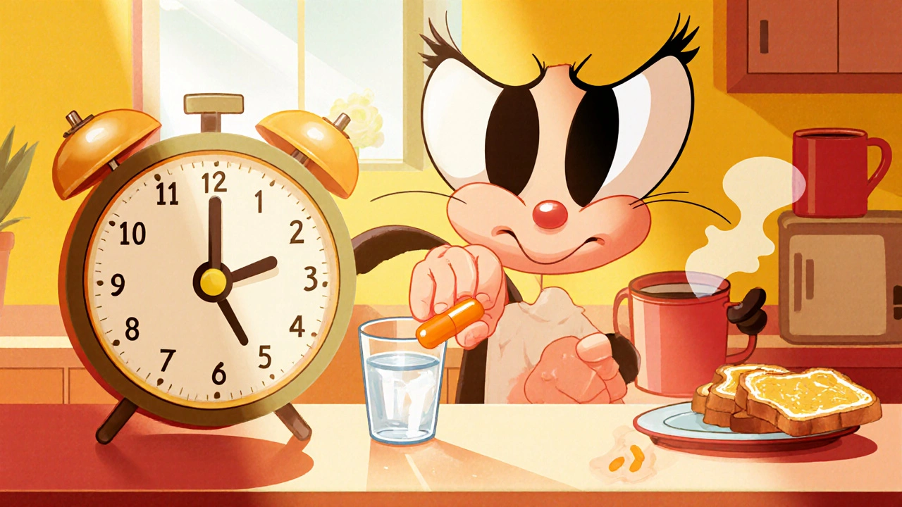 Animated person taking a levothyroxine tablet with water before breakfast.