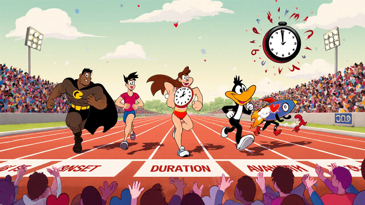 Animated race track shows pill characters racing to illustrate onset and duration differences.