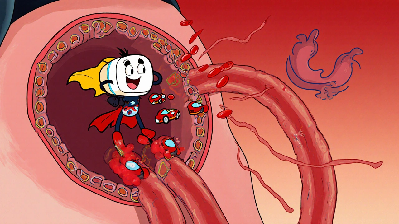 Animated sildenafil tablet opens a blood vessel, allowing bright red cells to flow.