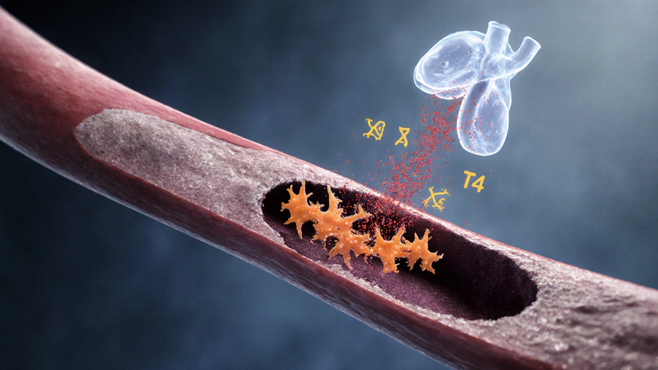 Art showing narrowed artery with plaque, oxidative stress particles, and faint thyroid silhouette.