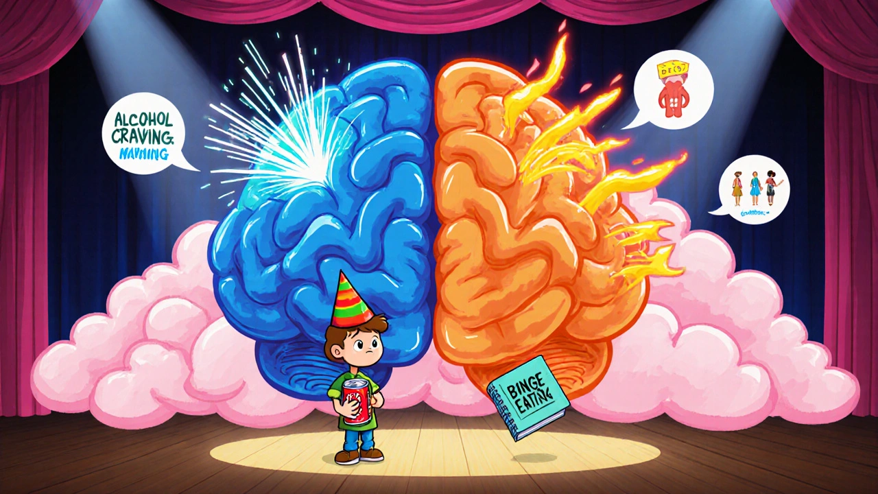 Cartoon brain with blue dopamine fireworks and orange binge‑eating swirl, teen holding soda and diary.