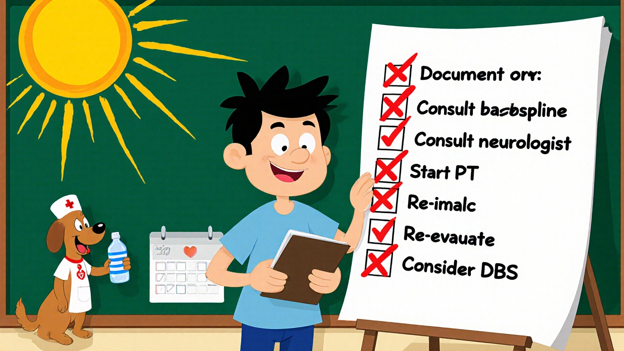 Cartoon character checking off steps in a dyskinesia management plan.