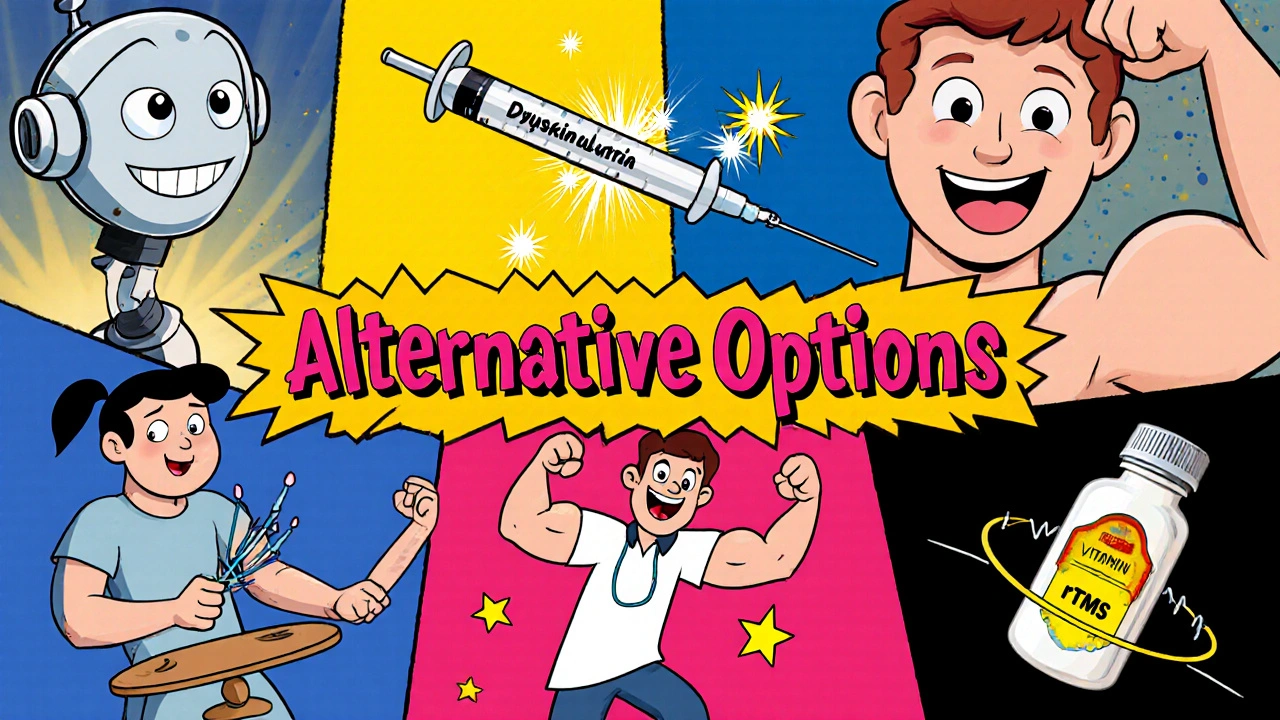 Cartoon collage of various alternative dyskinesia therapies.