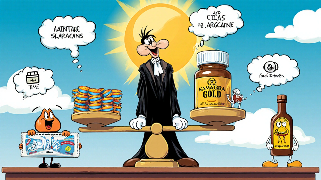 Cartoon courtroom scale weighing different ED pills with a judge made of caps.