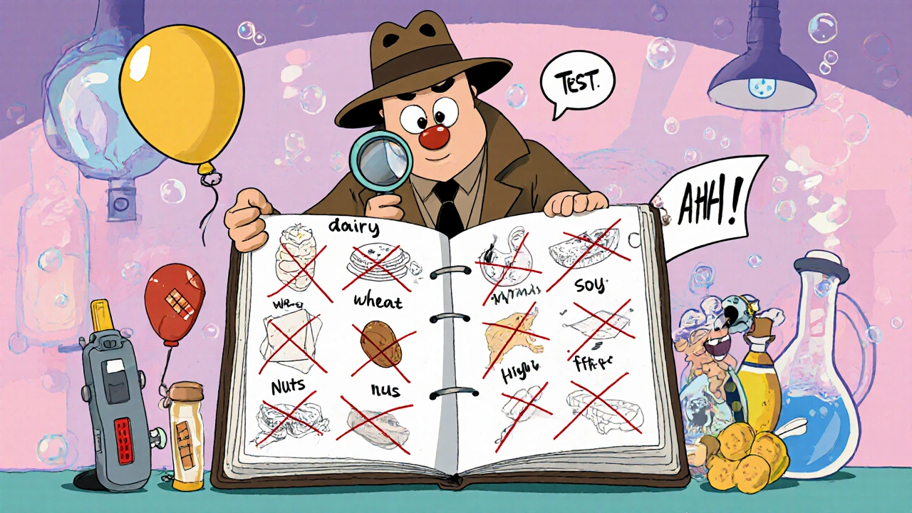 Cartoon detective examining a food journal with sketches of allergens and a breath test balloon.