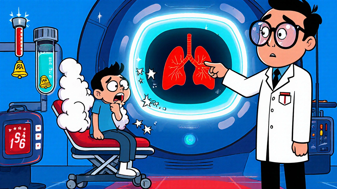 Cartoon doctor reviews CT scan showing clot in lung, with funny D‑dimer test and patient.