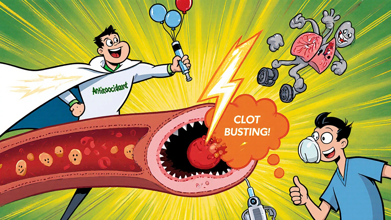 Cartoon heroes use anticoagulant, thrombolysis, and catheter to remove lung clot.