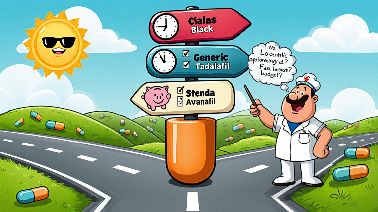 Cartoon man at a pill‑shaped crossroads compares options with thought bubbles showing criteria.