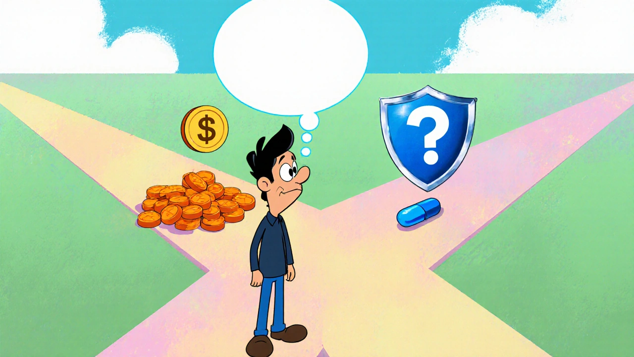 Cartoon man chooses between a cheap orange pill pile and a shielded blue pill.