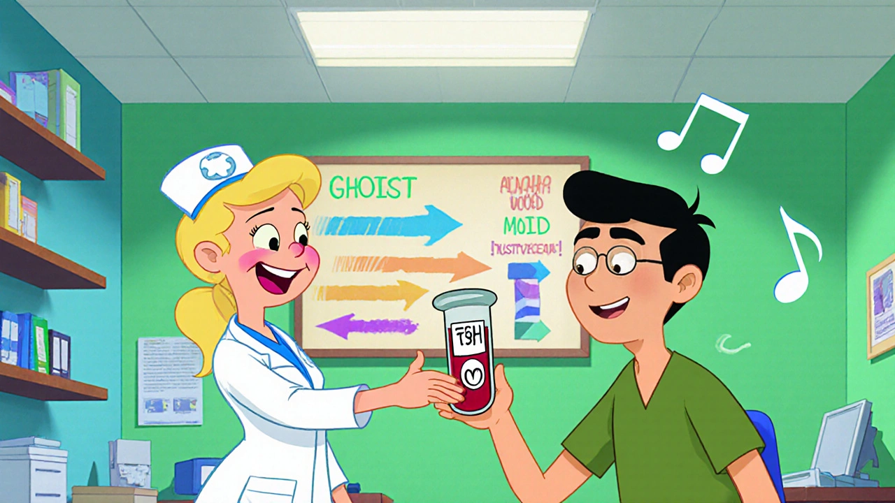 Cartoon nurse giving a blood test tube to a patient holding levothyroxine.