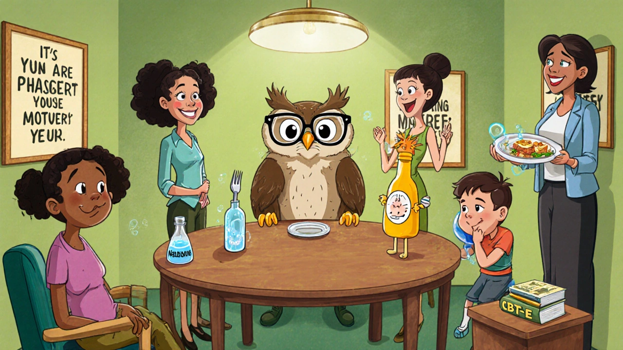 Cartoon therapist owl with bottle, fork, family and dietitian around a round table.