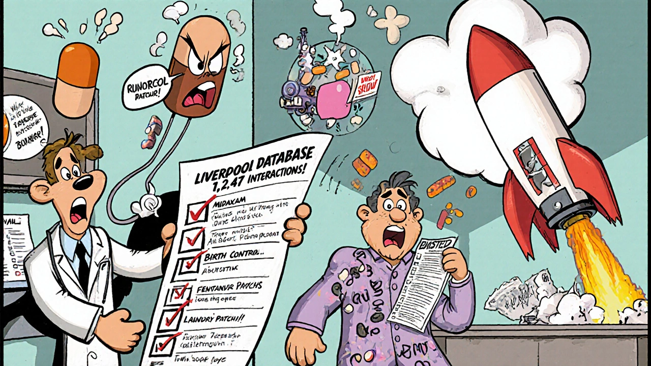 Chaotic hospital scene with runaway drugs and a patient holding a massive interaction checklist.