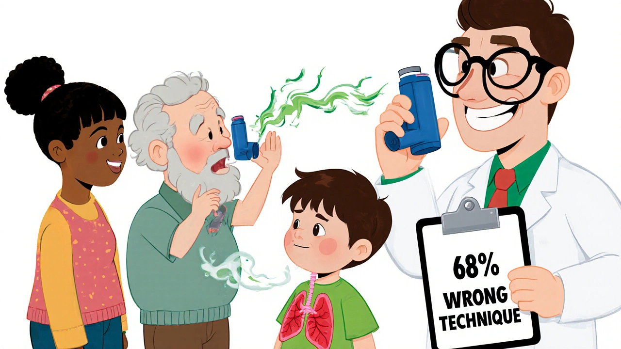 Children using modern inhalers, one getting a puff in the throat, while a doctor observes with a clipboard.