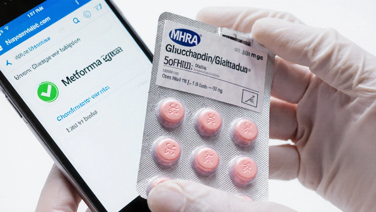 Close-up of sealed blister pack of pink metformin tablets with batch number visible.