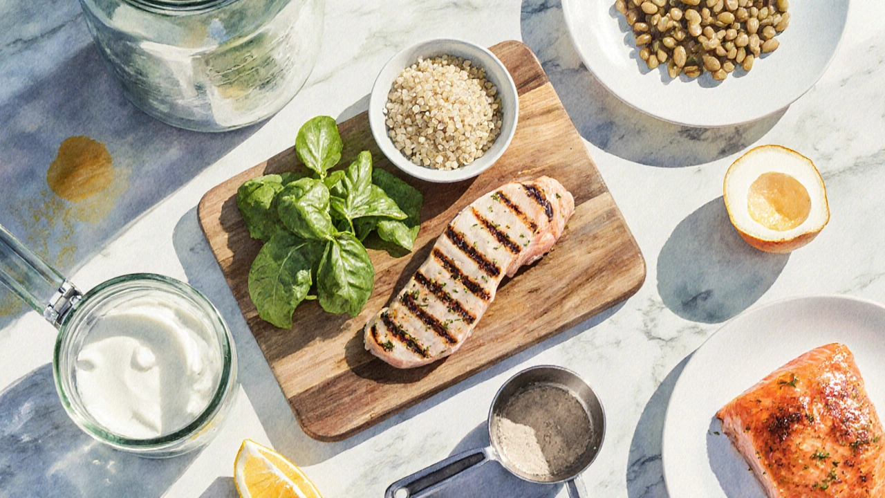 Colorful kitchen display of protein‑rich foods and fresh vegetables.