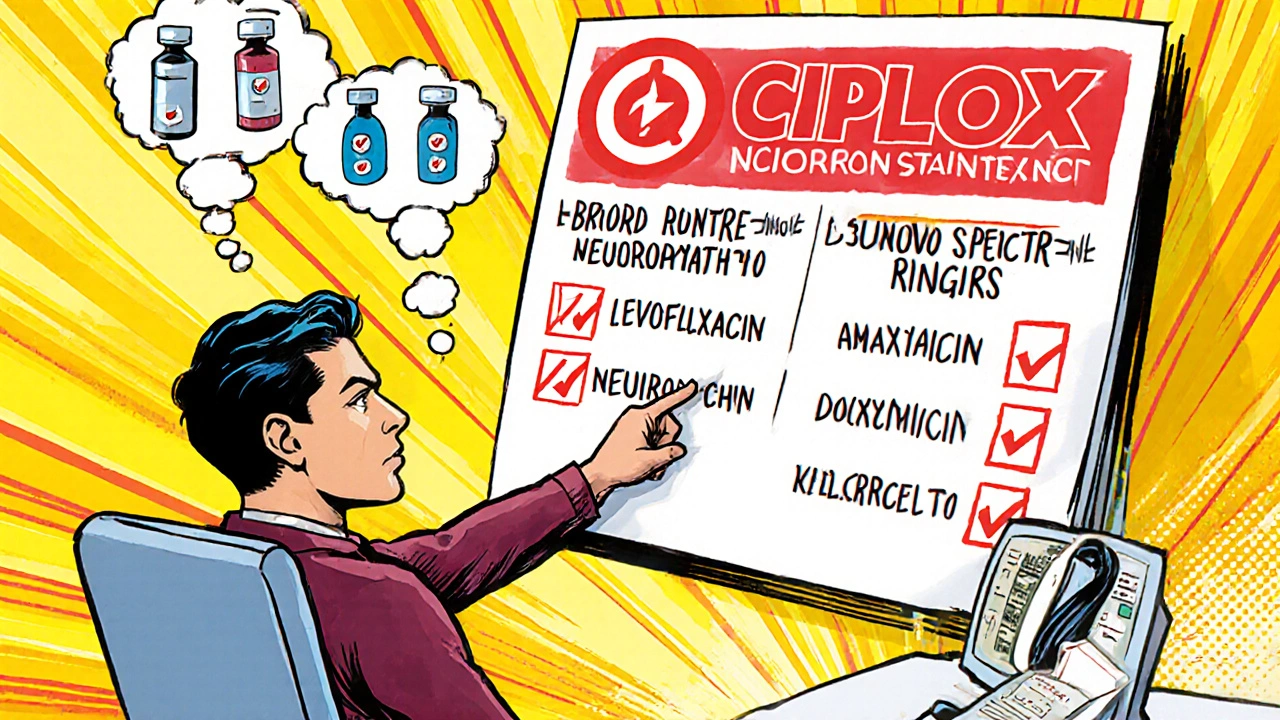 Comic‑style doctor explaining Ciplox risks with patient considering other antibiotics.