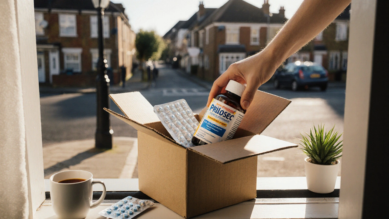 Delivery box on doorstep open to reveal generic Prilosec bottle, hand reaching for it.