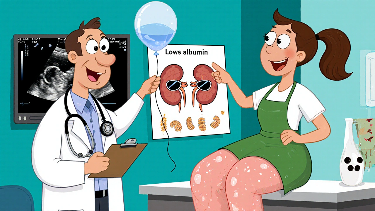 Doctor and dietitian examining a puffy‑faced patient with fluid‑filled legs in a cartoon office.