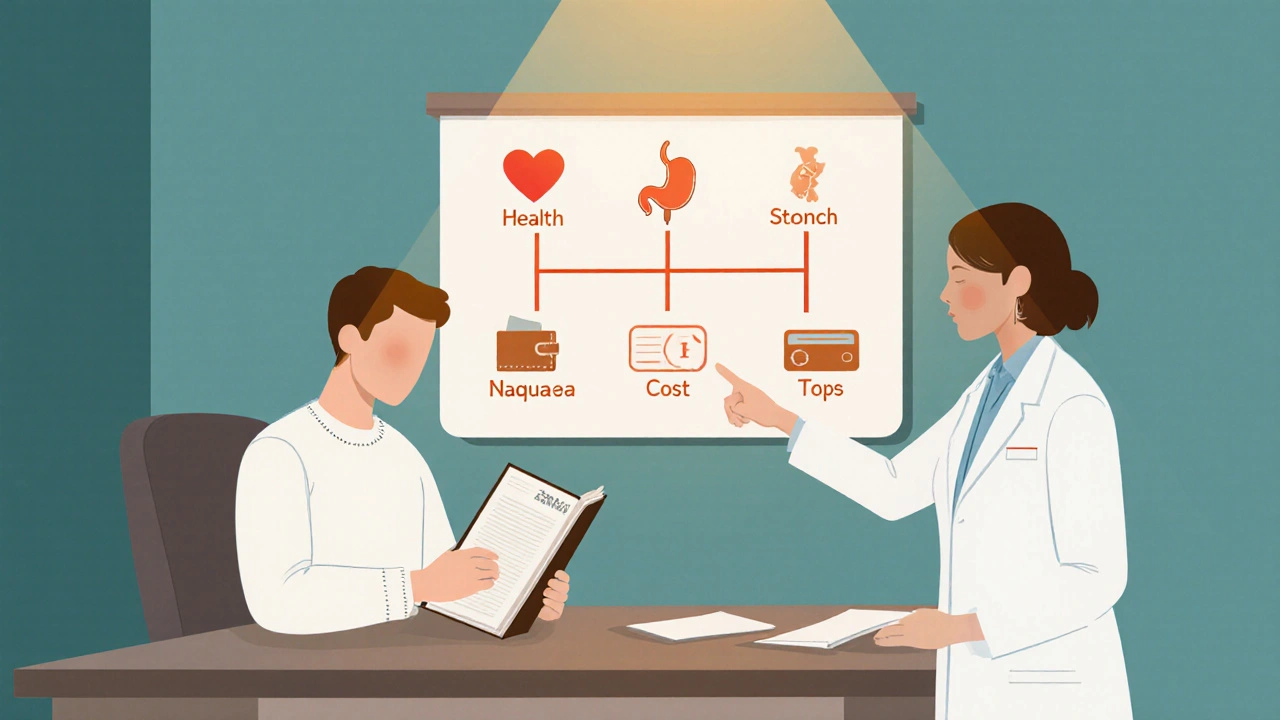 Doctor and patient discussing migraine options beside a decision‑tree chart on the wall.