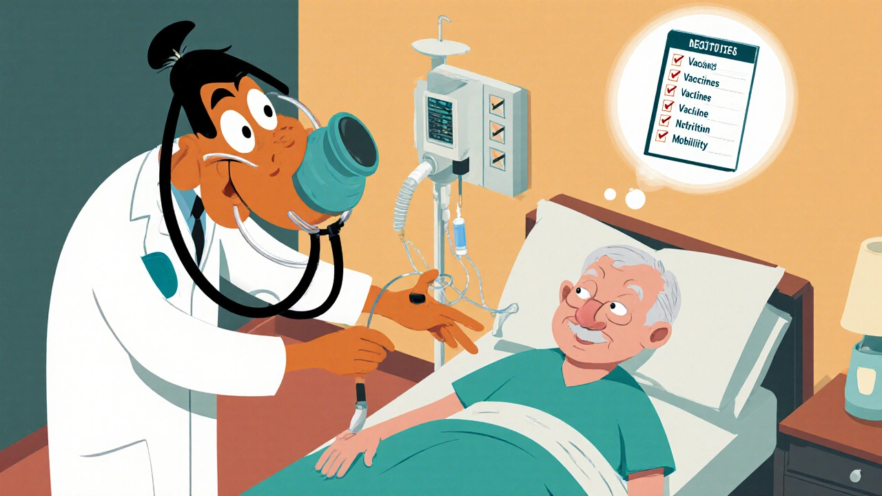 Doctor providing IV treatment to older patient with recovery checklist.