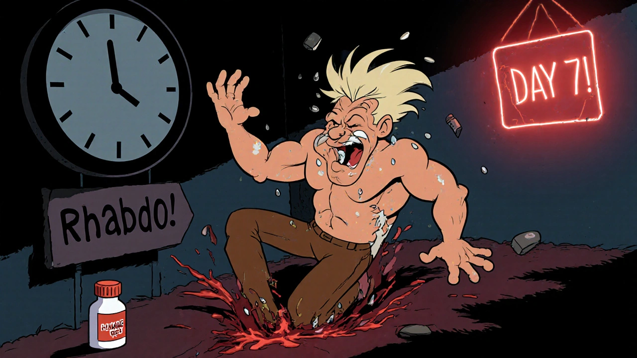 Elderly man collapsing with fraying muscles and dark urine river, pharmacist holding red blood test in Looney Tunes comedy-horror style.