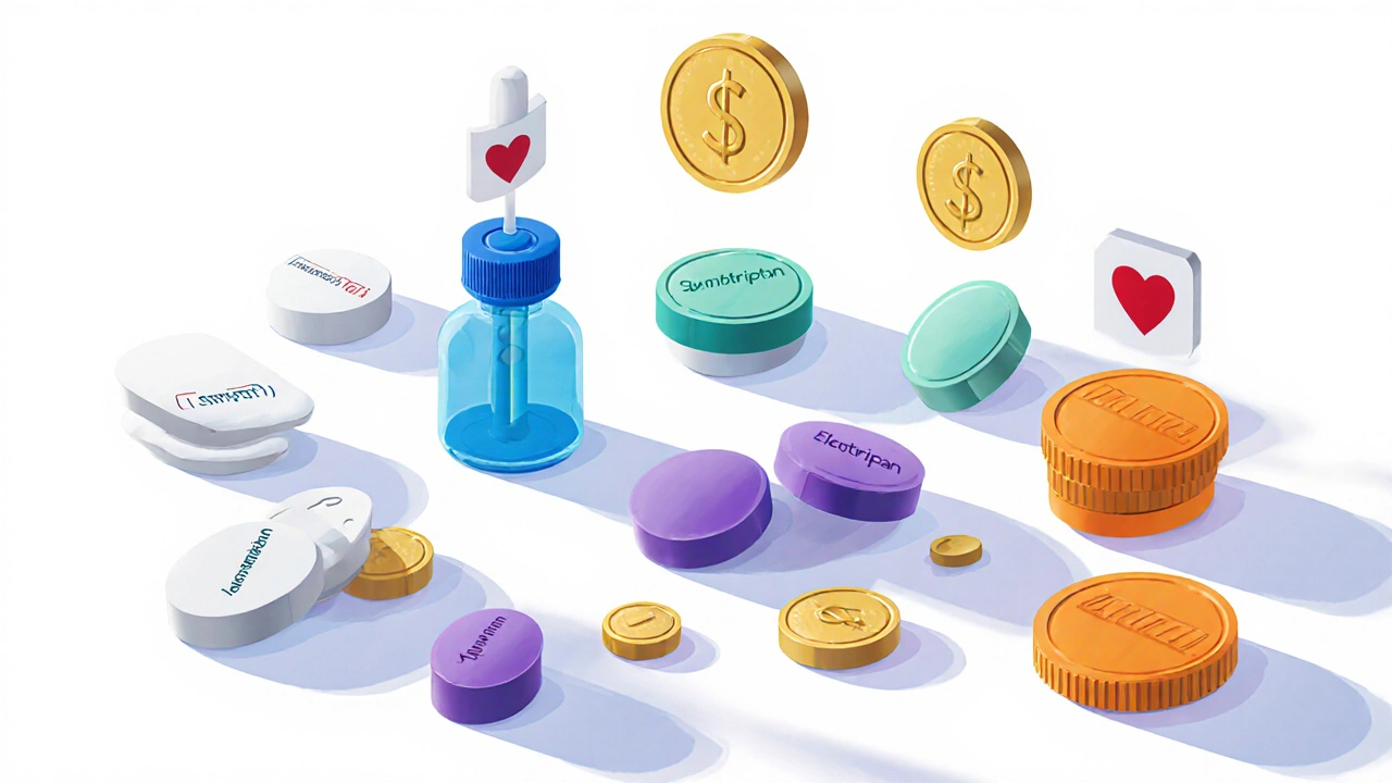Flat lay of various migraine meds with floating price coins and heart icons near triptans.