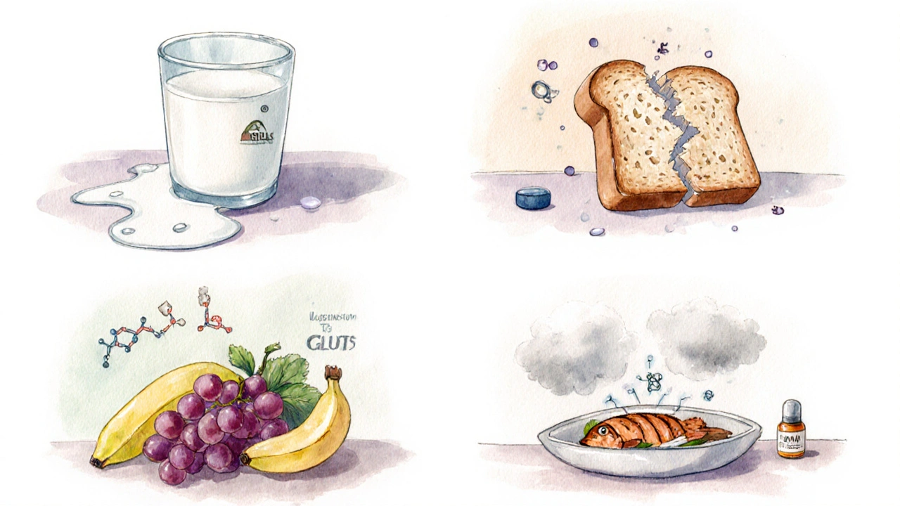 Four watercolor scenes linking specific intolerances to missing nutrients.