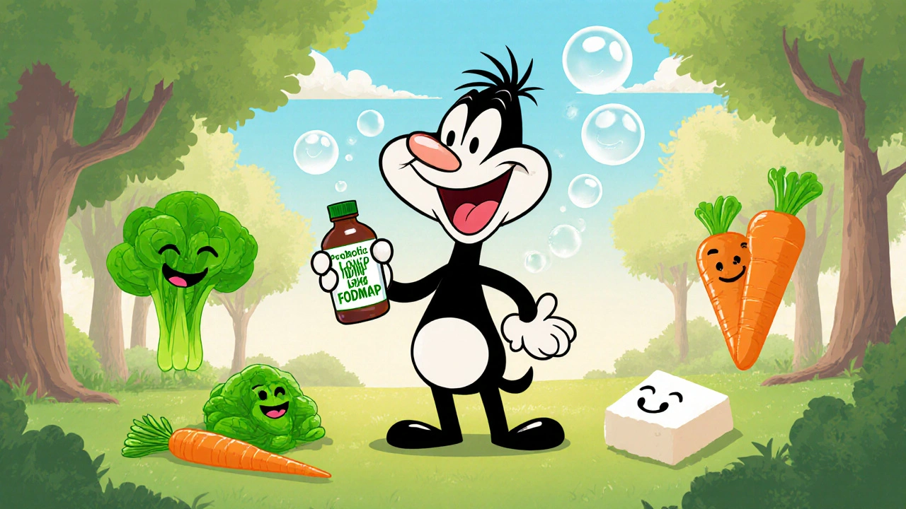 Happy cartoon character with a flat belly holding a probiotic bottle among smiling low‑FODMAP foods.