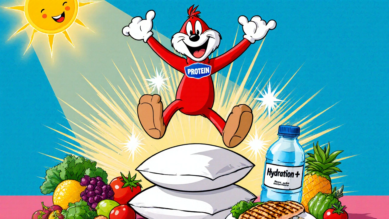 Happy character jumping with lifted legs, surrounded by fresh low‑sodium foods and a water bottle.