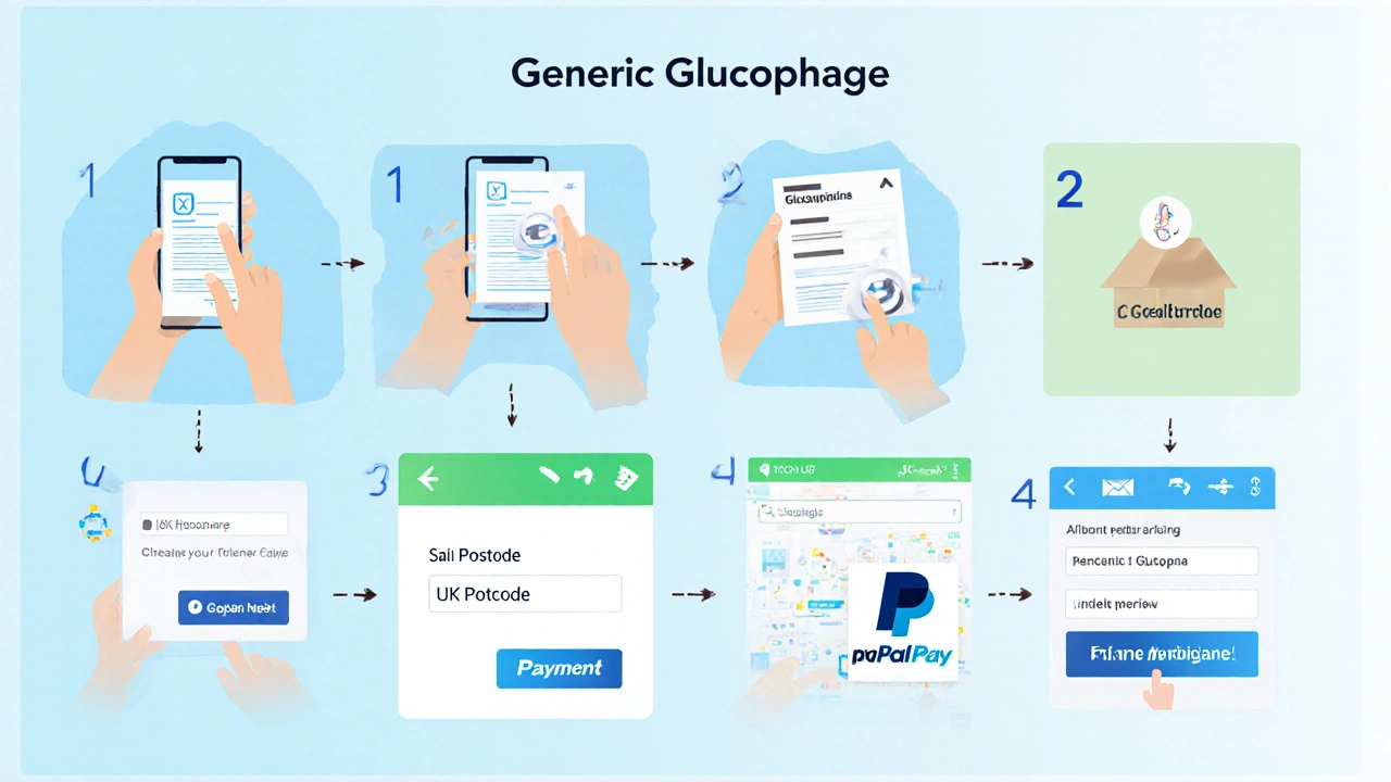 Illustrated sequence of uploading prescription, selecting dosage, entering address, paying.