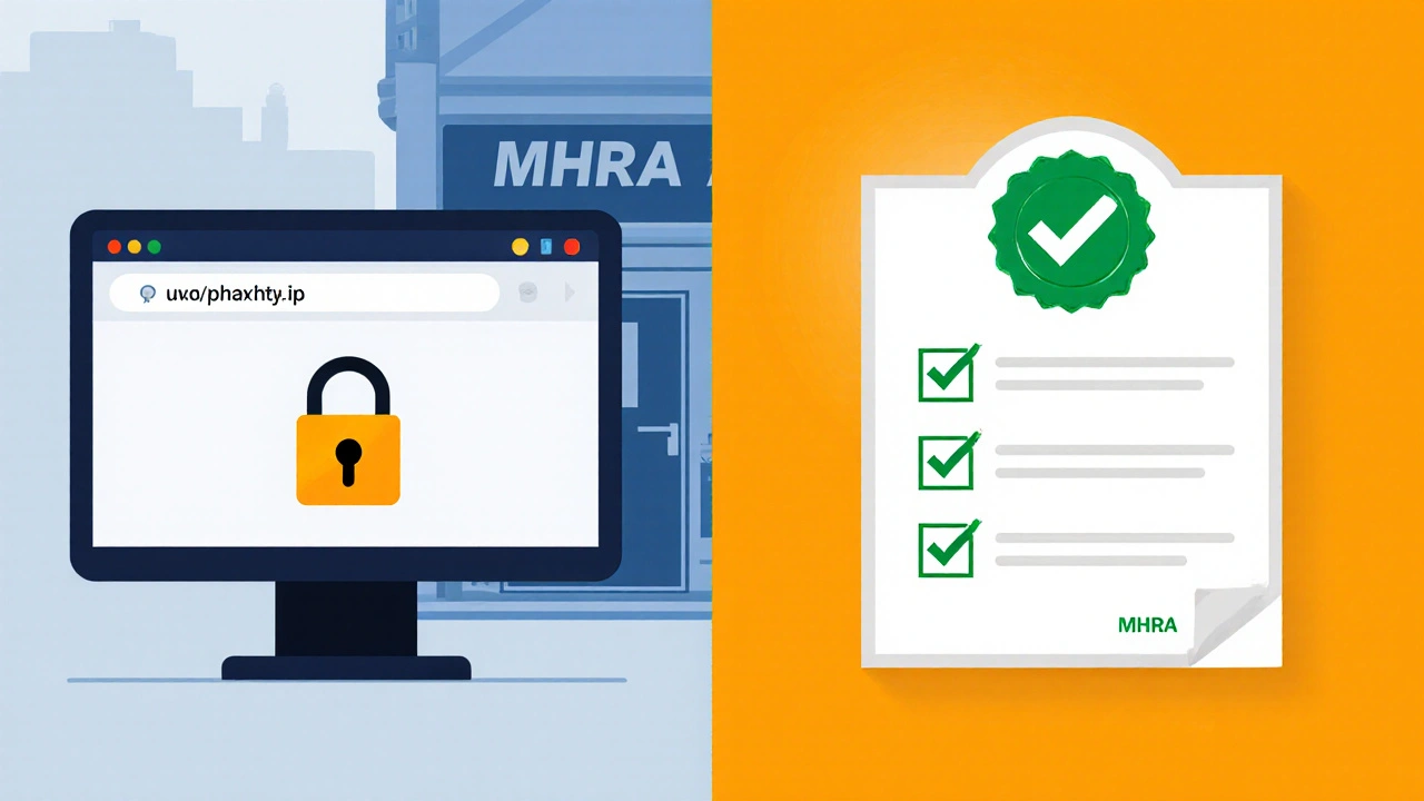 Illustration of secure website icons and a checklist with a green tick for pharmacy verification.