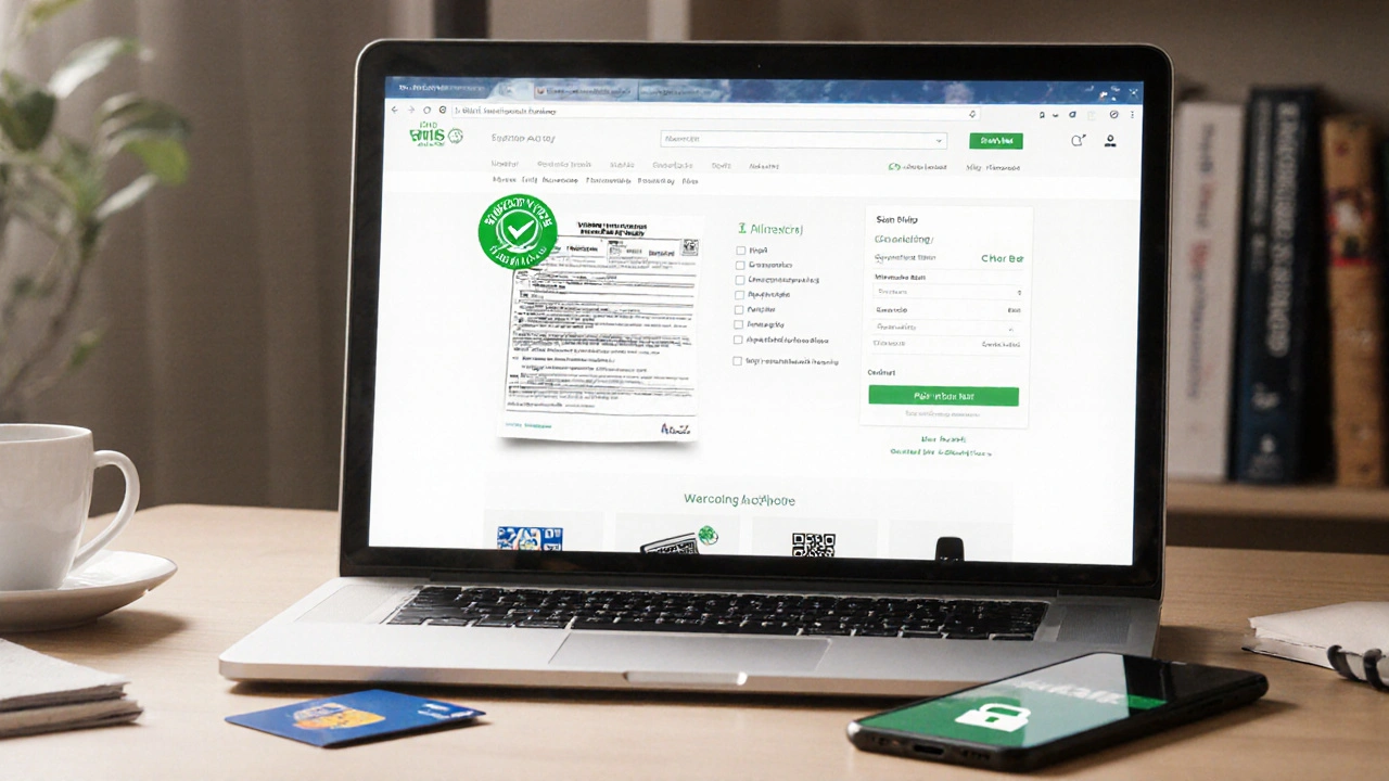 Laptop and phone displaying pharmacy site with security badges.