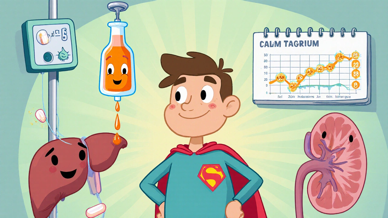 Looney Tunes‑style patient receiving steroids, organ monitors, and a calendar showing a taper schedule.
