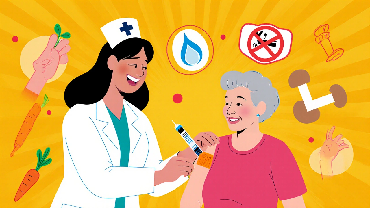 Nurse giving vaccine to senior surrounded by health habit icons.