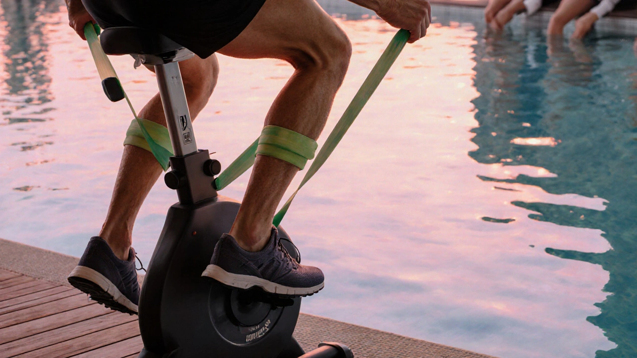 Person performing low‑impact exercise with a resistance band beside a sunrise pool.