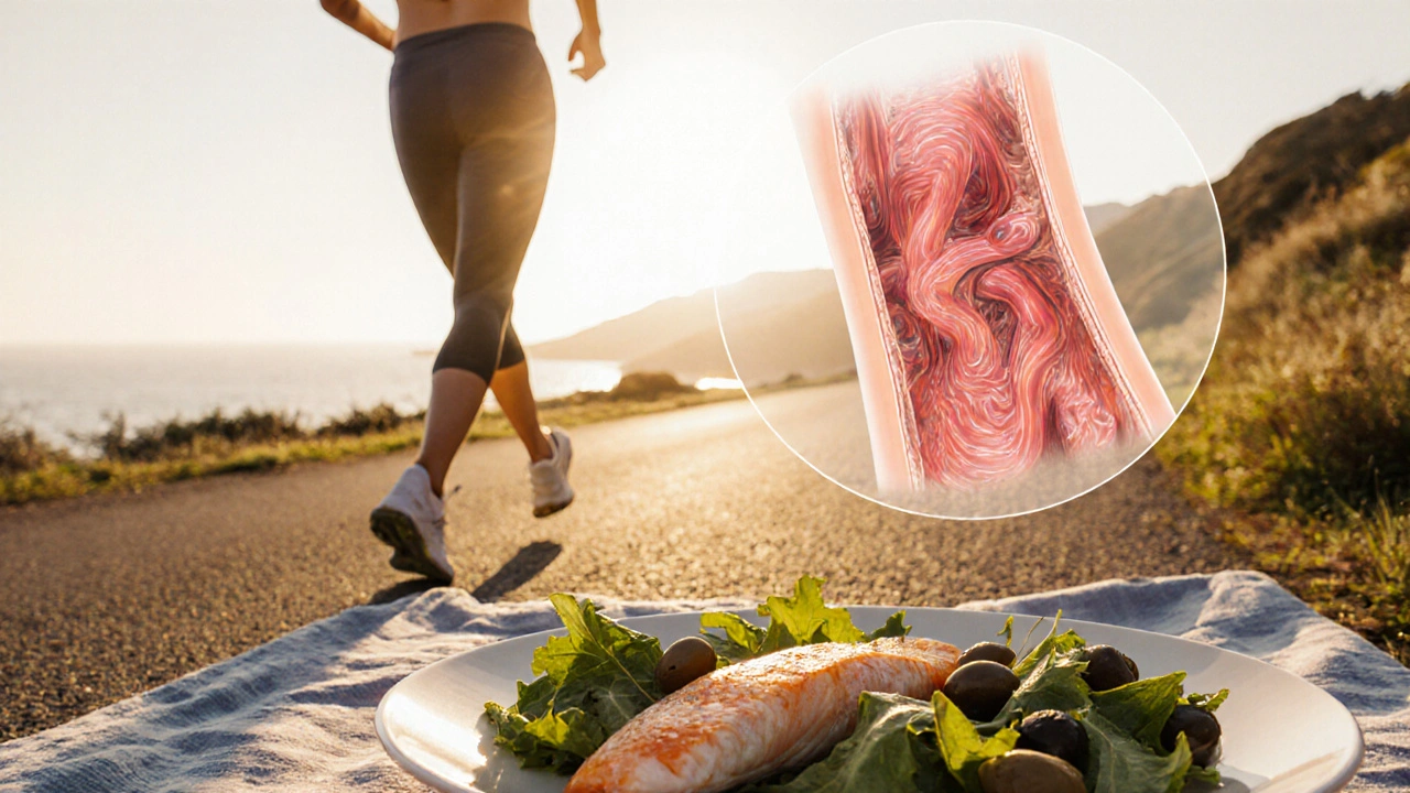 Photo of a person jogging near a Mediterranean meal, with a glowing healthy artery overlay.