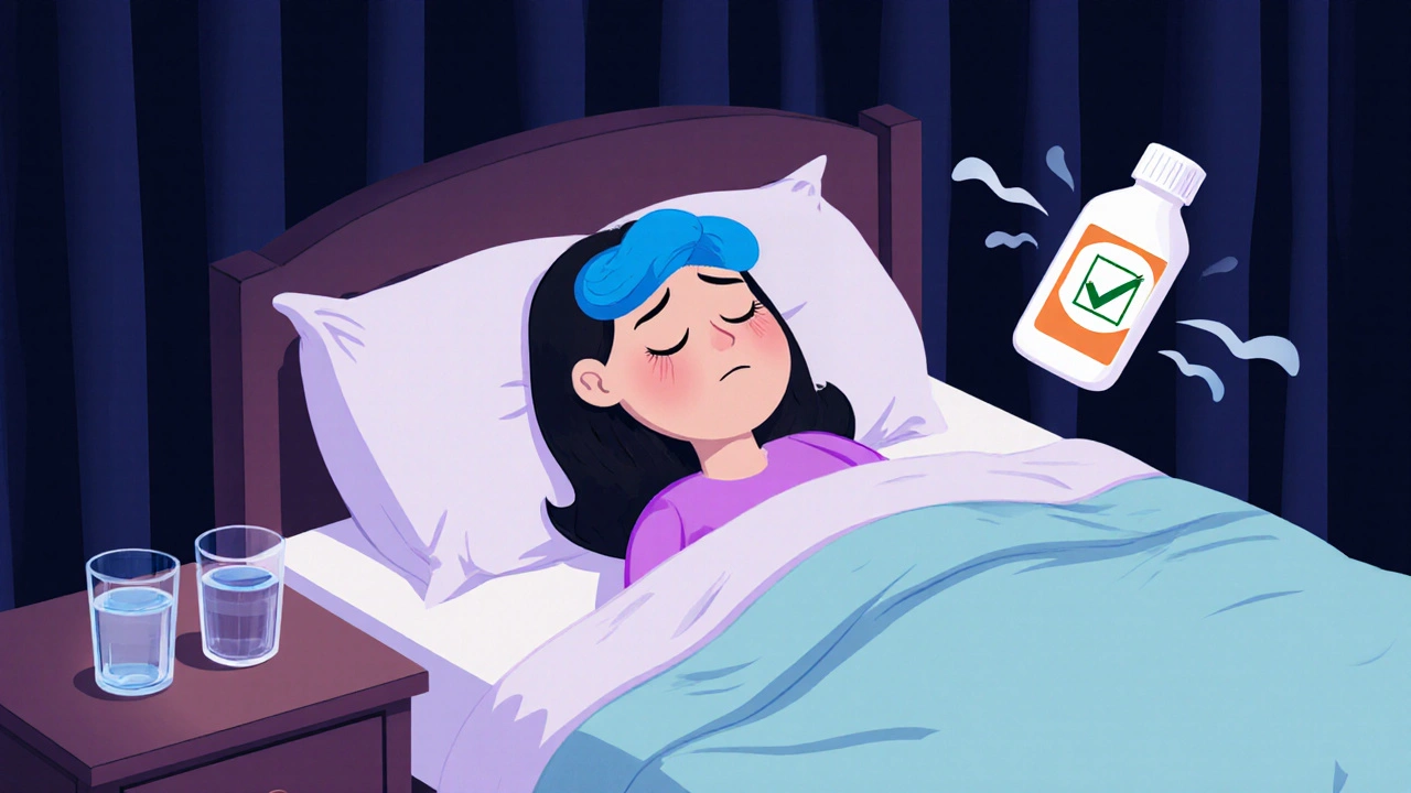 Pregnant woman in a dark quiet room using a cold compress, water, and acetaminophen, breathing slowly.