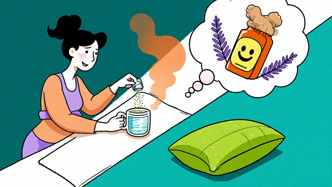 Pregnant woman preparing water, magnesium, ginger tea, and lavender vapor for migraine relief.