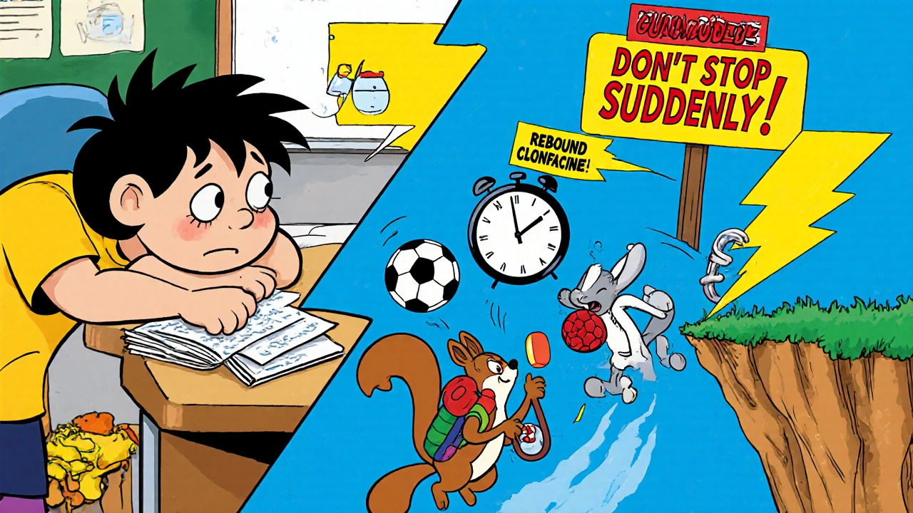 Sleepy student replaced by energetic child on Guanfacine with focus symbols, warning sign about rebound hypertension in Looney Tunes style.