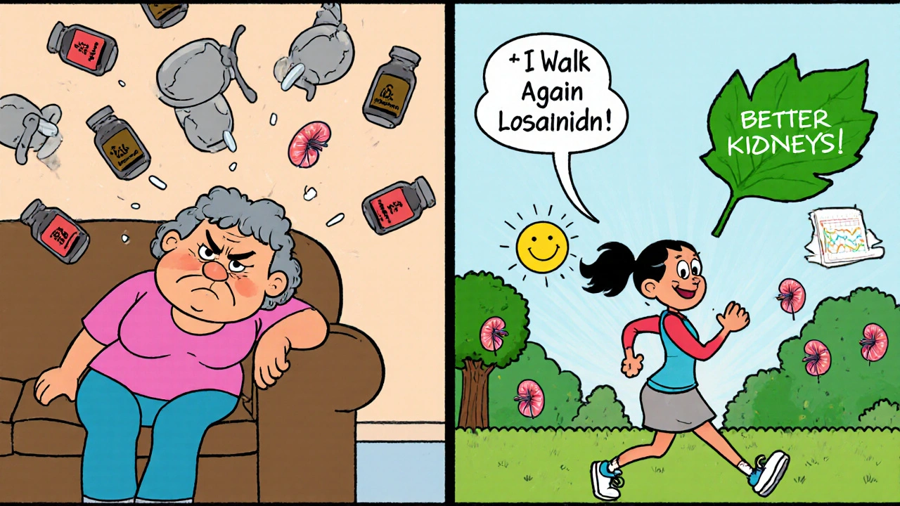 Split-screen: tired woman with Clonidine vs. happy jogger with Losartan, glowing kidneys and sun in Looney Tunes cartoon style.