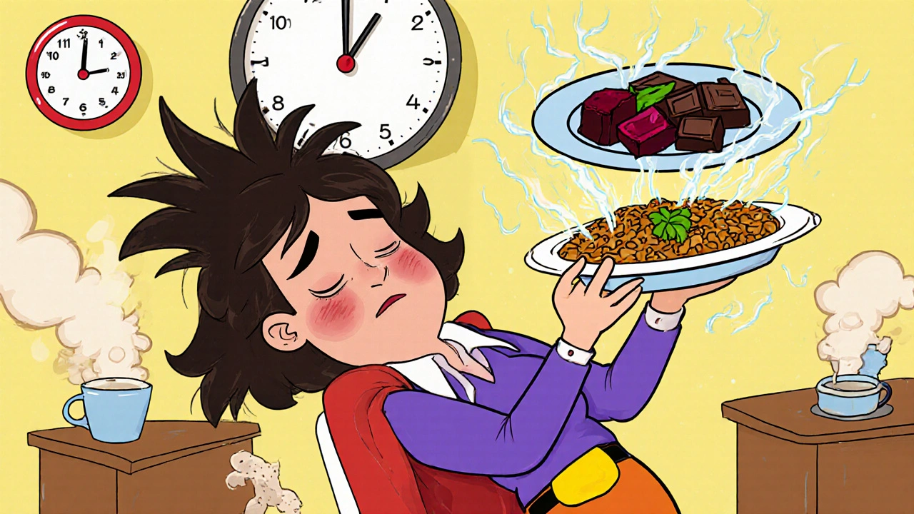 Teacher dramatically revived by a plate of lentils and beets, energy bursting from her body in Looney Tunes style.