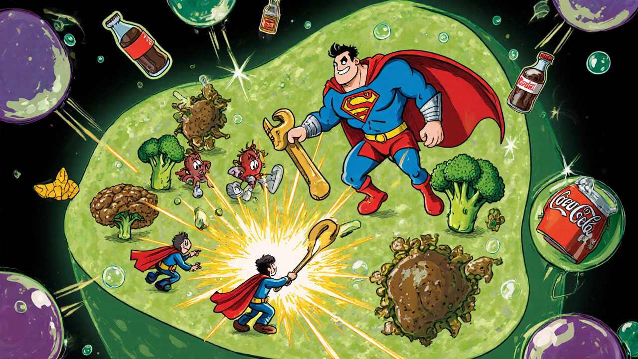 Tiny veggies battling junk food monsters inside a glowing cell, with superheroes fixing energy gears.