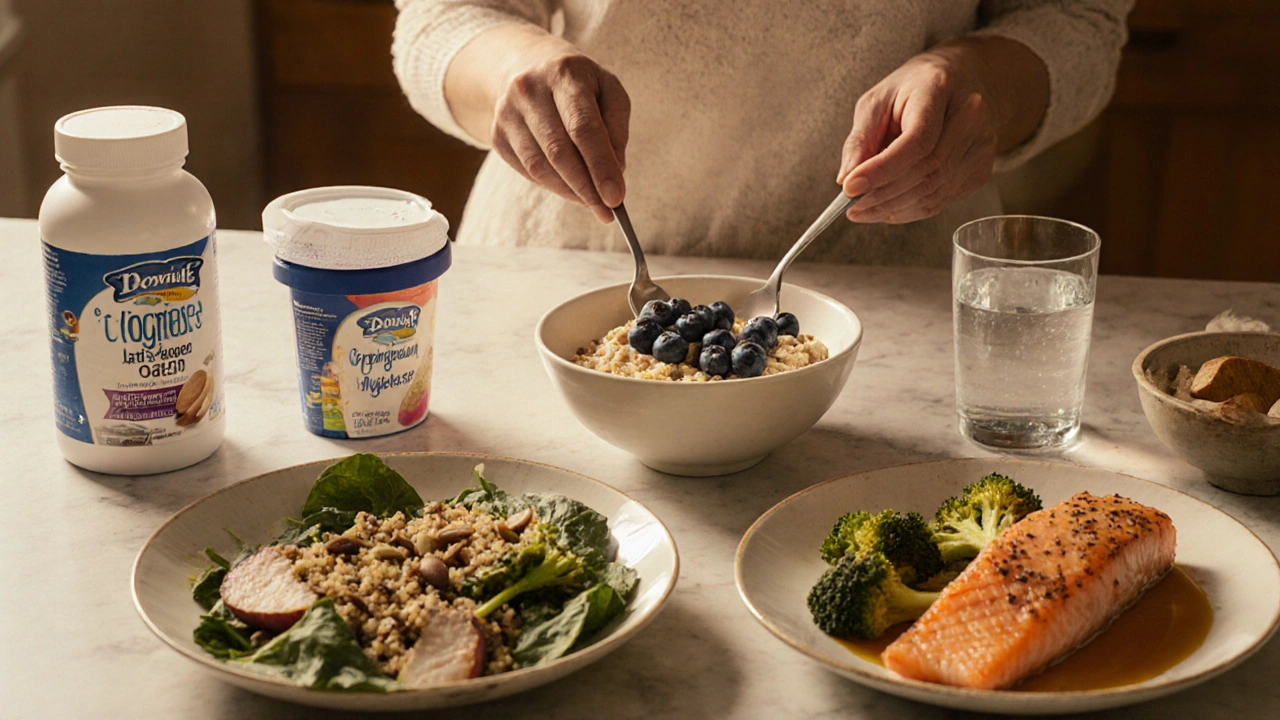 Warm kitchen with fortified foods and supplements for a balanced diet.